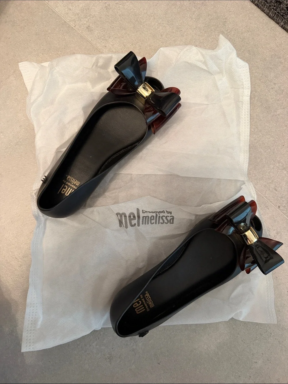 Melissa Black Ballet Flats with Tortoiseshell Bow and Gold Accent